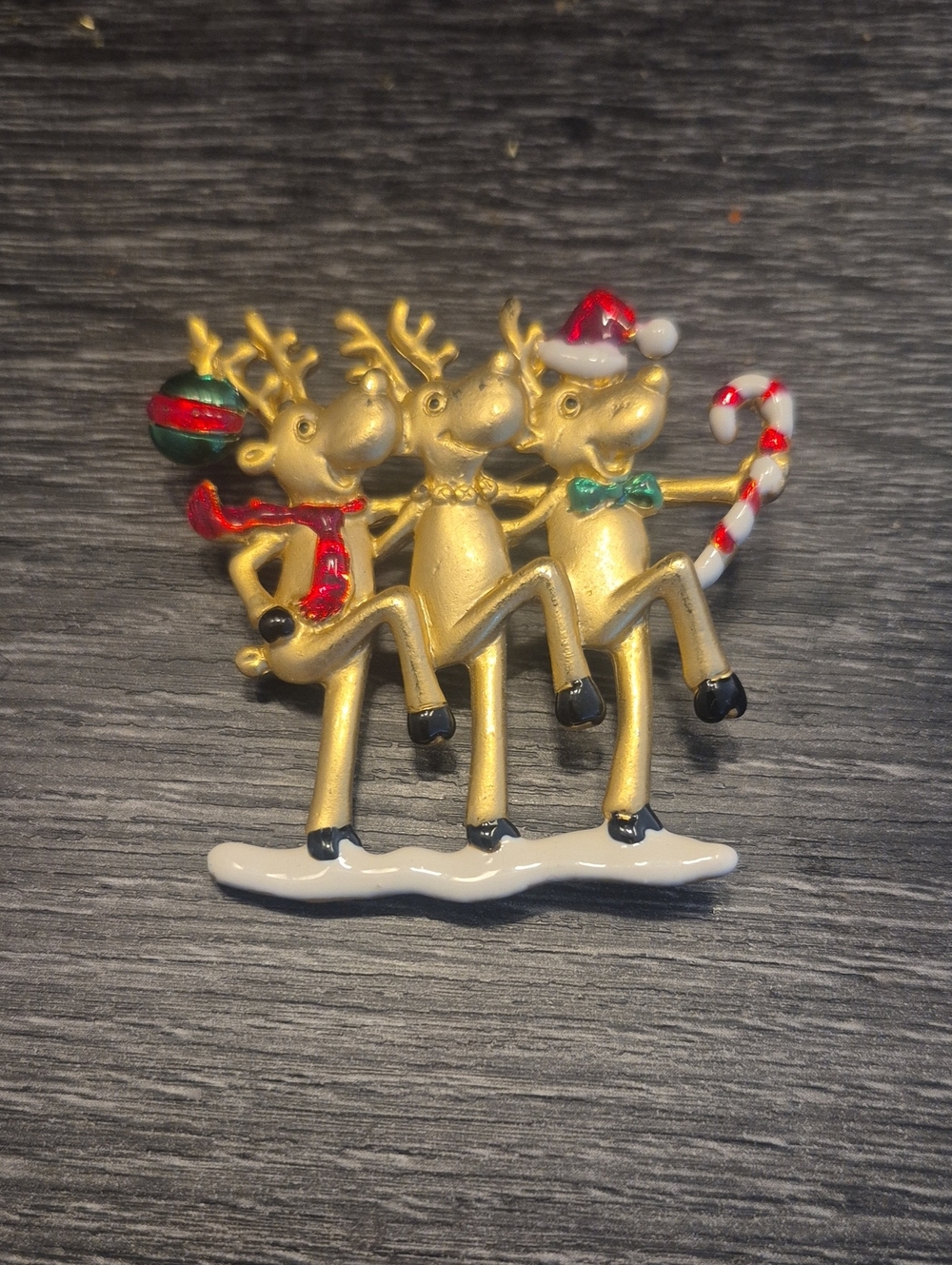Danecraft Vintage Dancing Reindeer Trip Christmas Brooch Gold Red Green White
